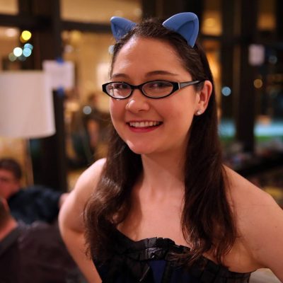 Penguicon-goer with blue cat ears