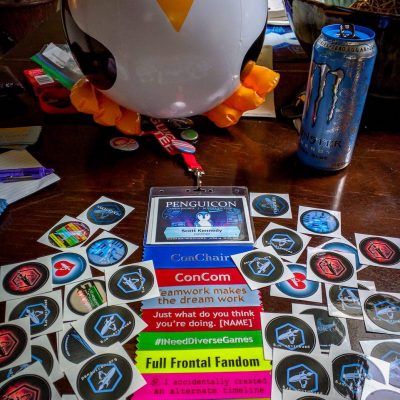 Penguin balloon, penguicon stickers, badge with ribbons